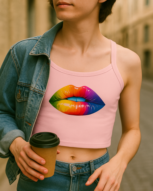 Person wearing a pink tank top with a colorful lip design, holding a coffee cup.