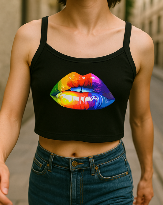 black crop tank top with rainbow lips print front view