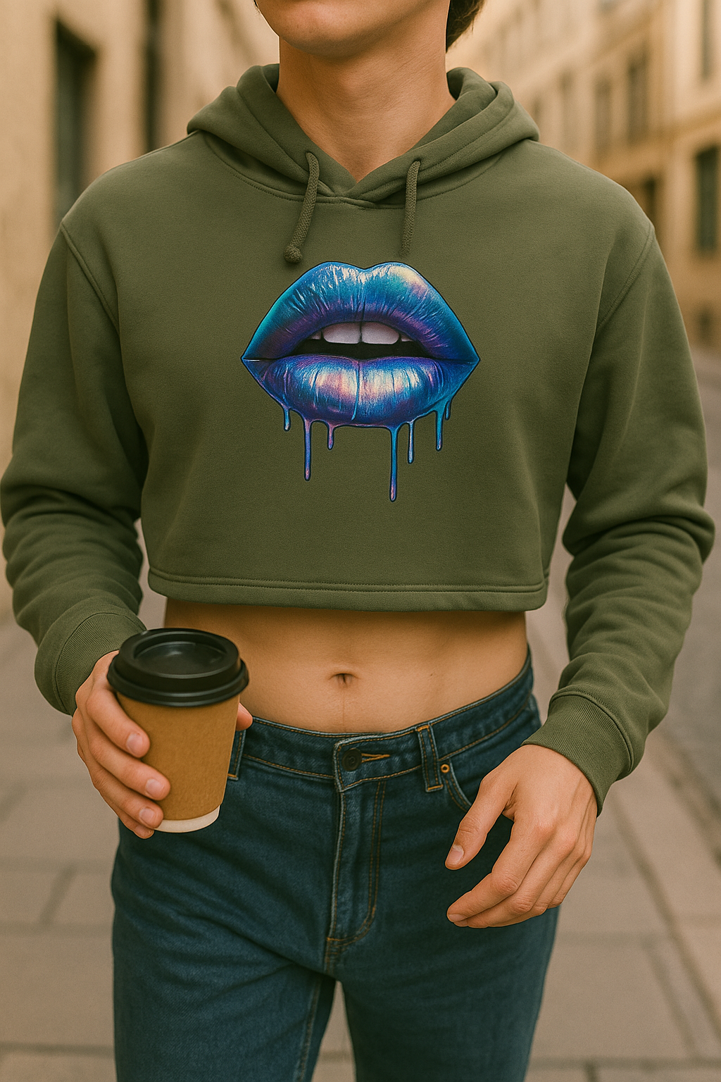 lifestyle shot: crop hoodie with holographic lips in urban setting