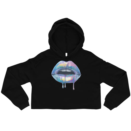 black cropped hoodie with holographic lips print front view