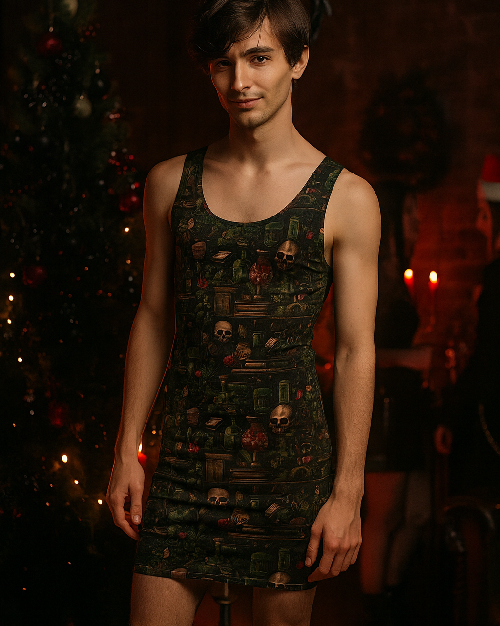 Slim man wearing gothic Christmas dress with potion bottle and skull print