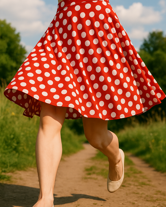 Person wearing a red polka dot skirt outdoors on a sunny day