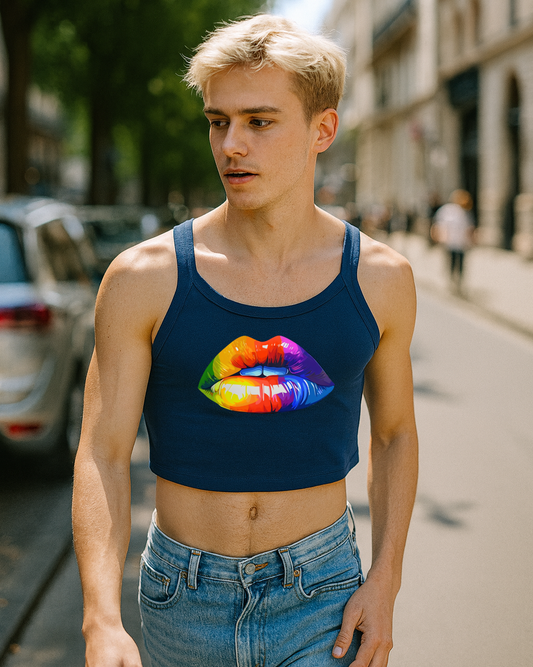 Man wearing a navy tank top with a colorful lip design on a city street.