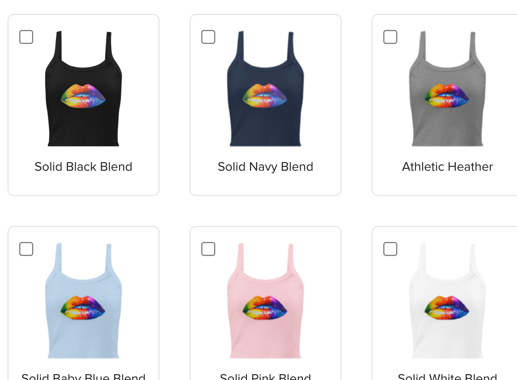 Collection of tank tops with rainbow lip design in various colors on a white background