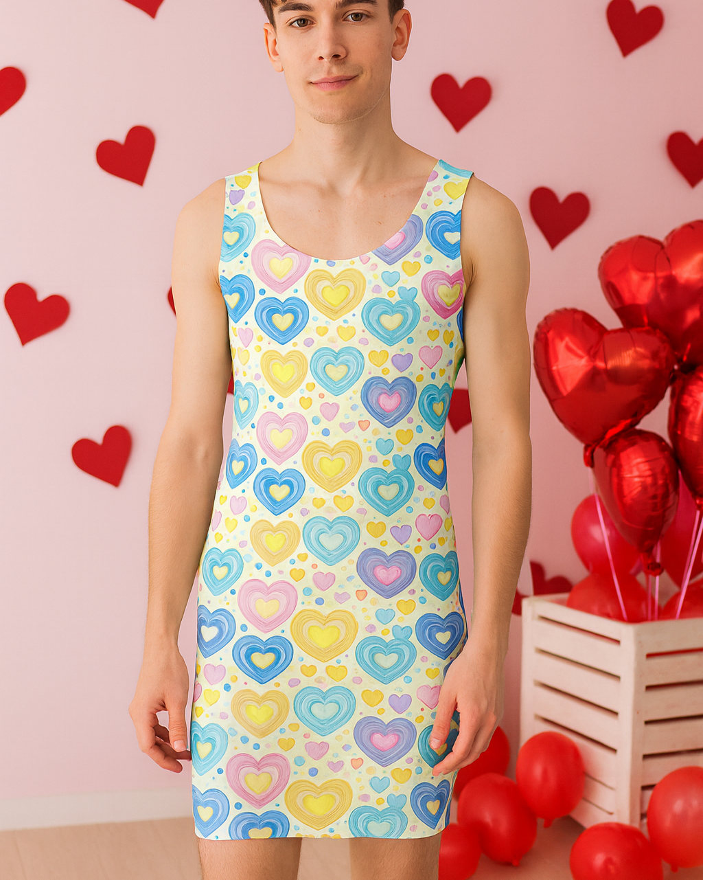 Person wearing a colorful heart-patterned dress with a heart-themed background.