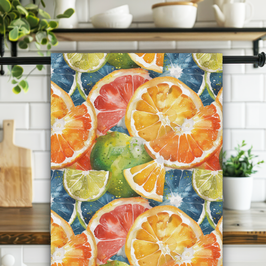 Colorful towel with citrus fruit pattern hanging on a kitchen rack.