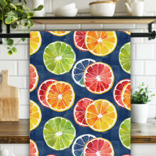 Kitchen towel with citrus fruit pattern hanging on a rack in a kitchen.