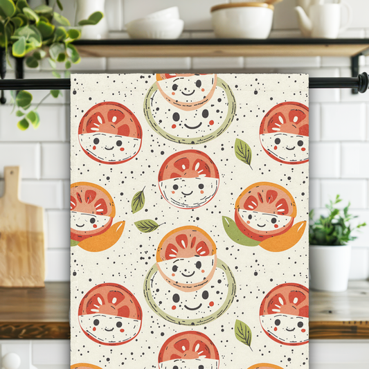 Towel with tomato design hanging on a rack in a kitchen