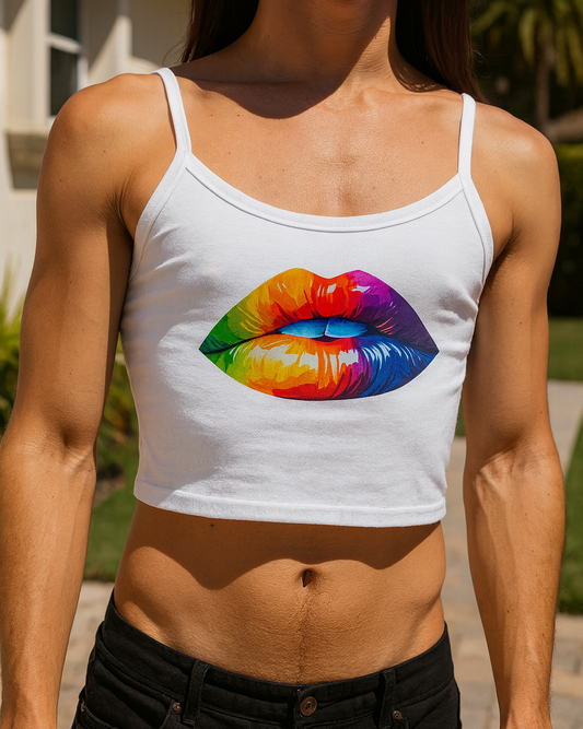 Person wearing a white tank top with a colorful lips design outdoors.