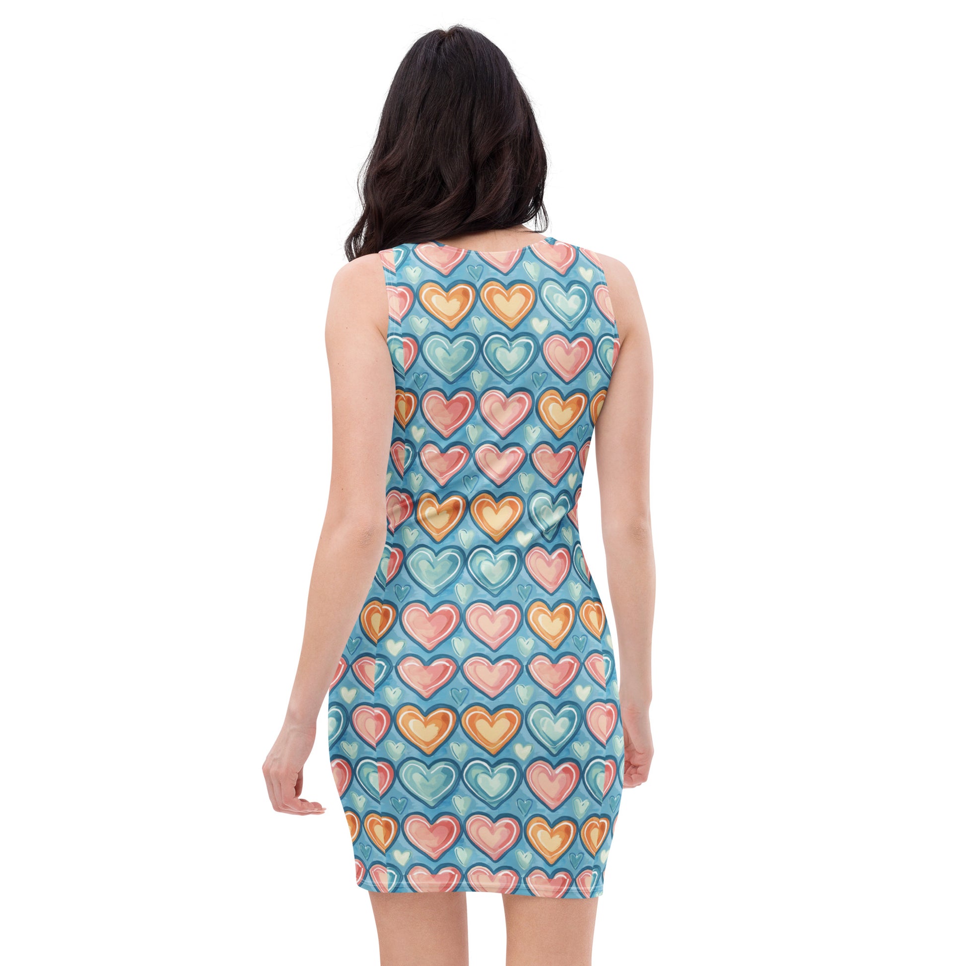 Slim model wearing pastel heart print frozen-romance bodycon dress