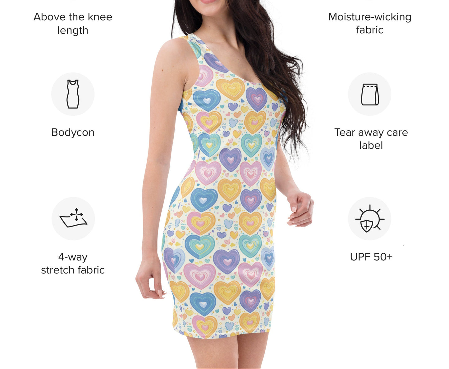 Model wearing pastel heart print bodycon dress front view