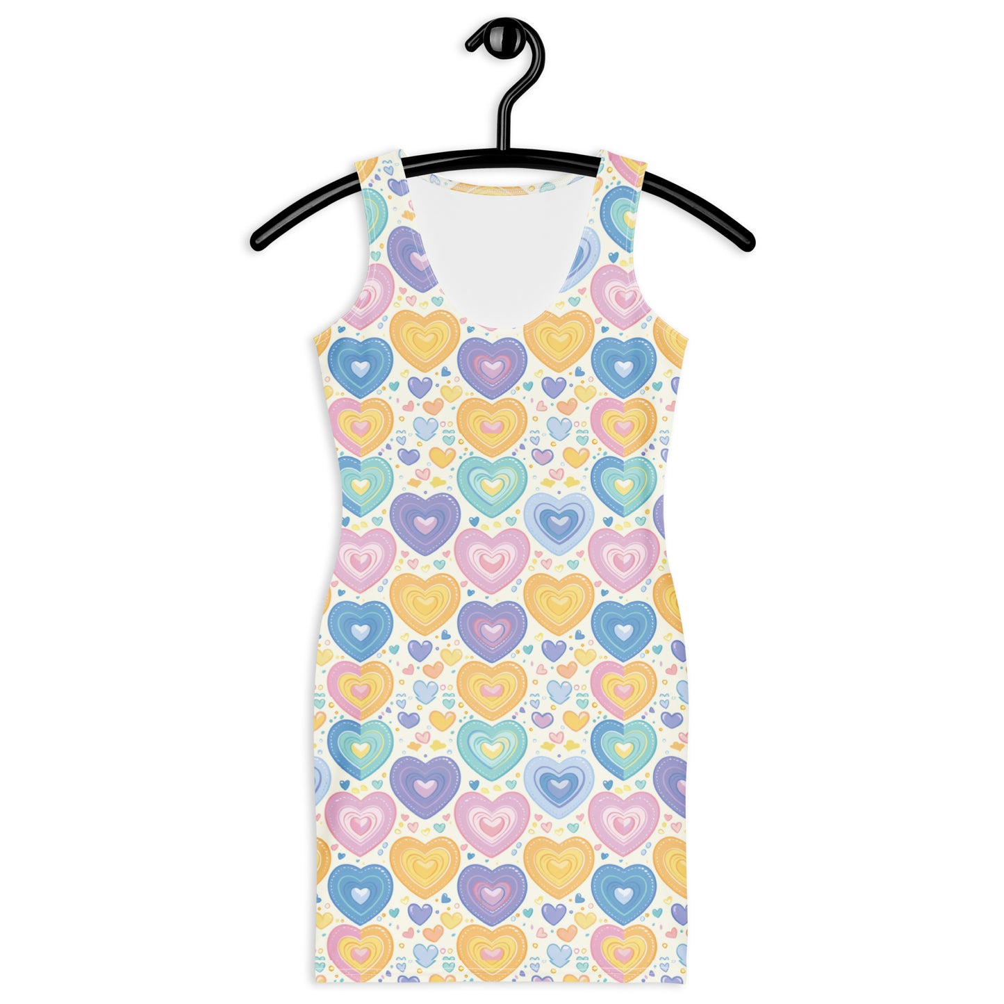 Close-up of pastel heart all-over print on unisex bodycon dress