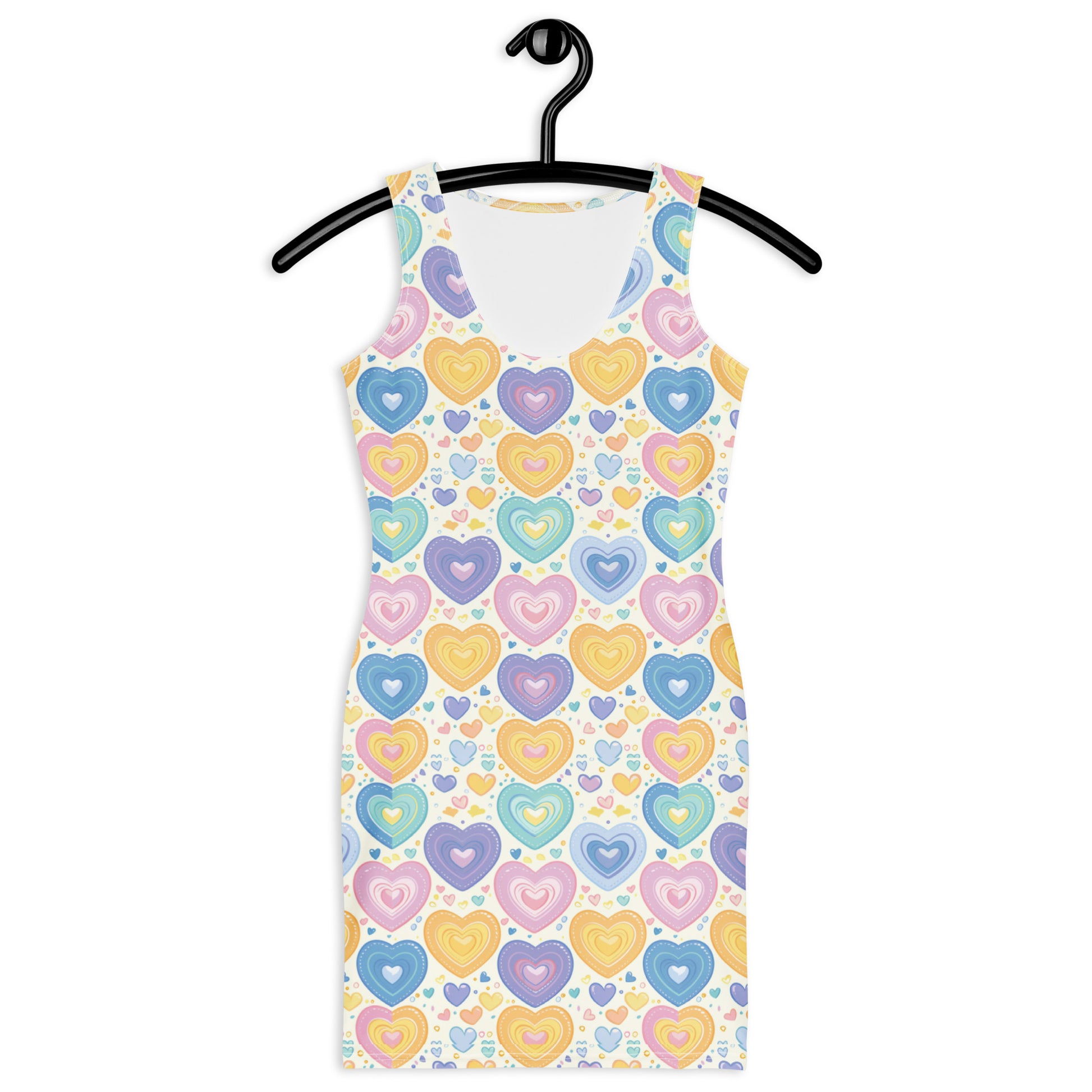 Close-up of pastel heart all-over print on unisex bodycon dress