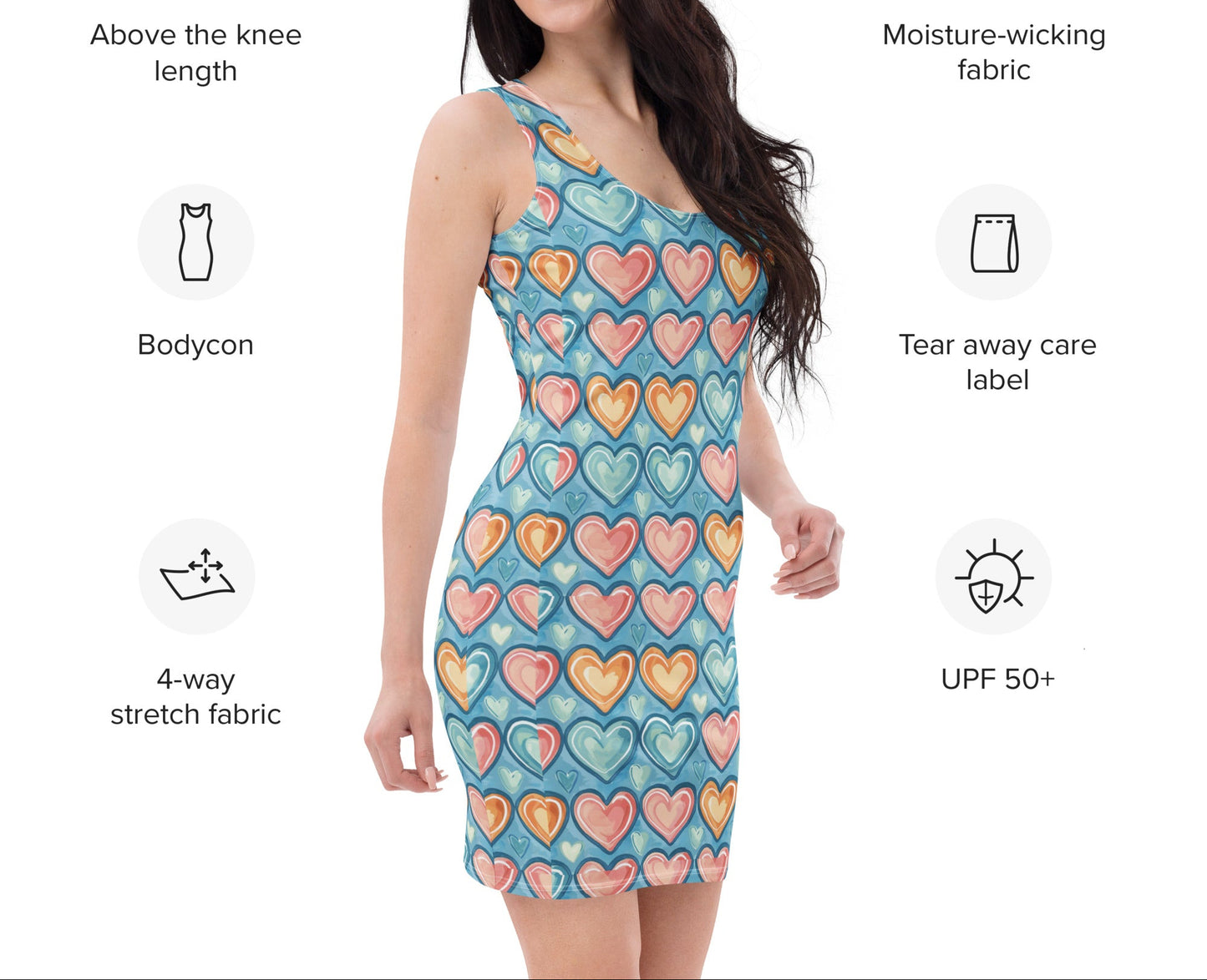Unisex bodycon dress with pastel heart print front view