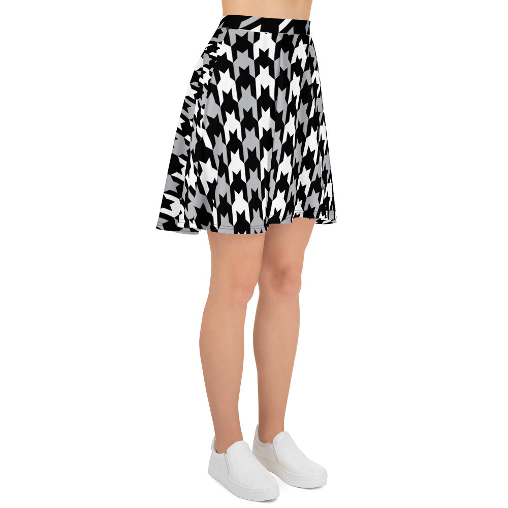 gender-inclusive houndstooth skirt with sneakers